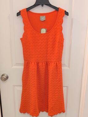 Maeve Vibrant Coral Caye Scalloped Trim Dress